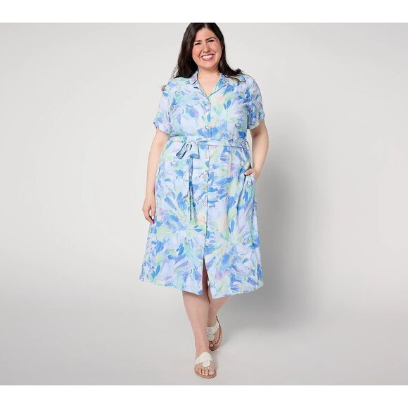 Side Stitch Short-Sleeve Button Front Midi Dress Aqua Bloom Womens Size Small - Picture 1 of 8